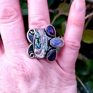 New Abalone Shell, Labradorite & Amethyst 925 Silver Ring.